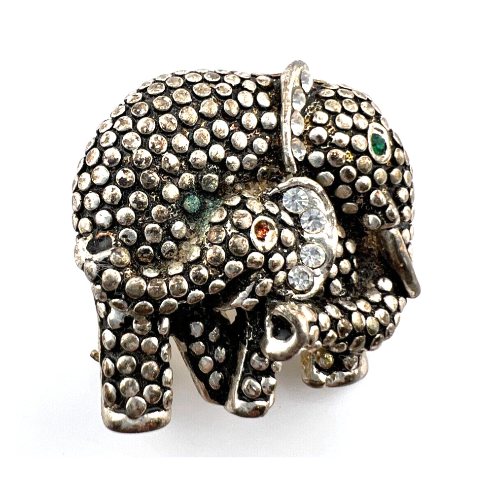 Vintage Silver Rhinestone Elephant Brooch Pin‎ Marcasite Mother Baby